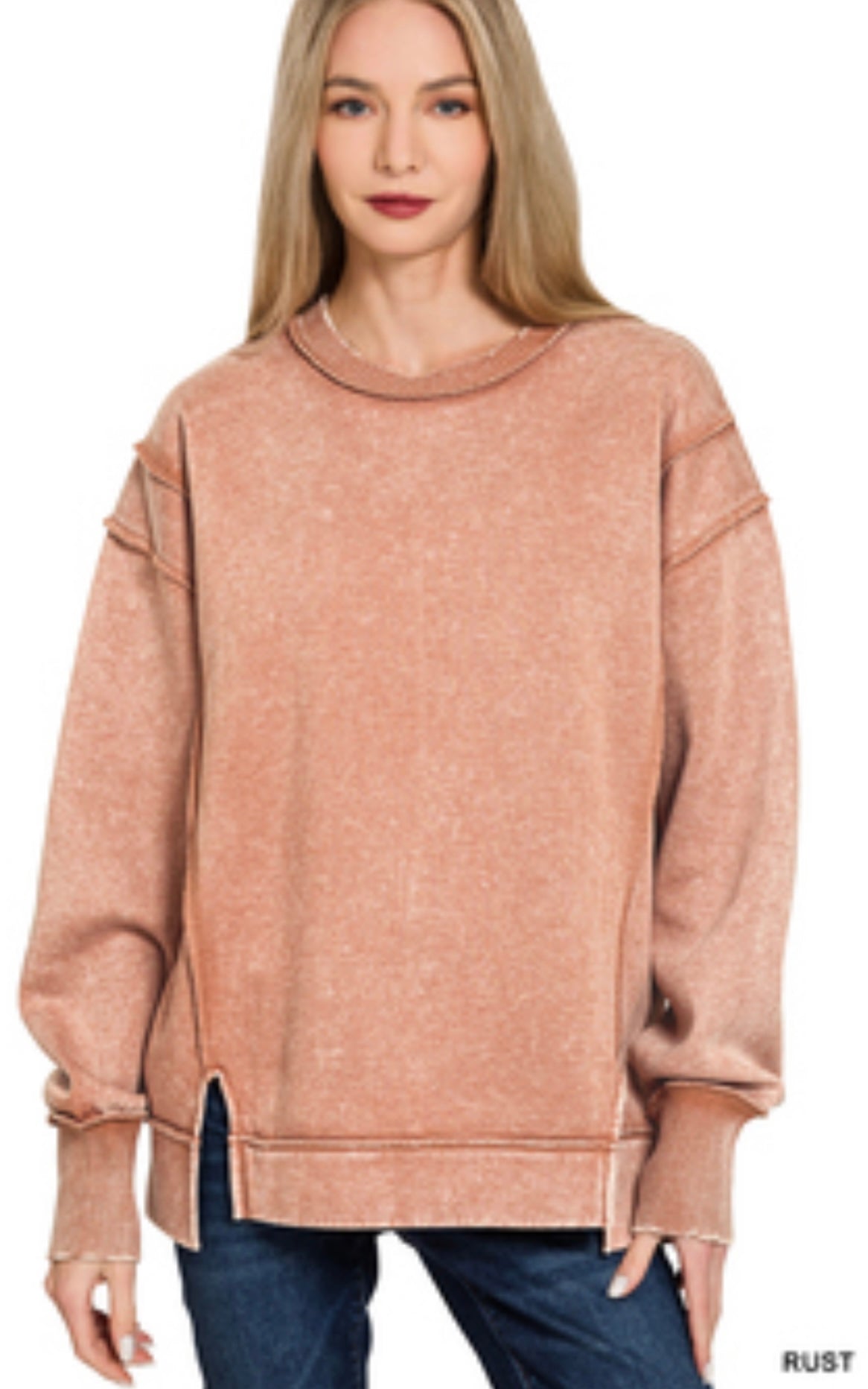 RUST ACID WASH EXPOSED SEAM FLEECE SWEATSHIRT