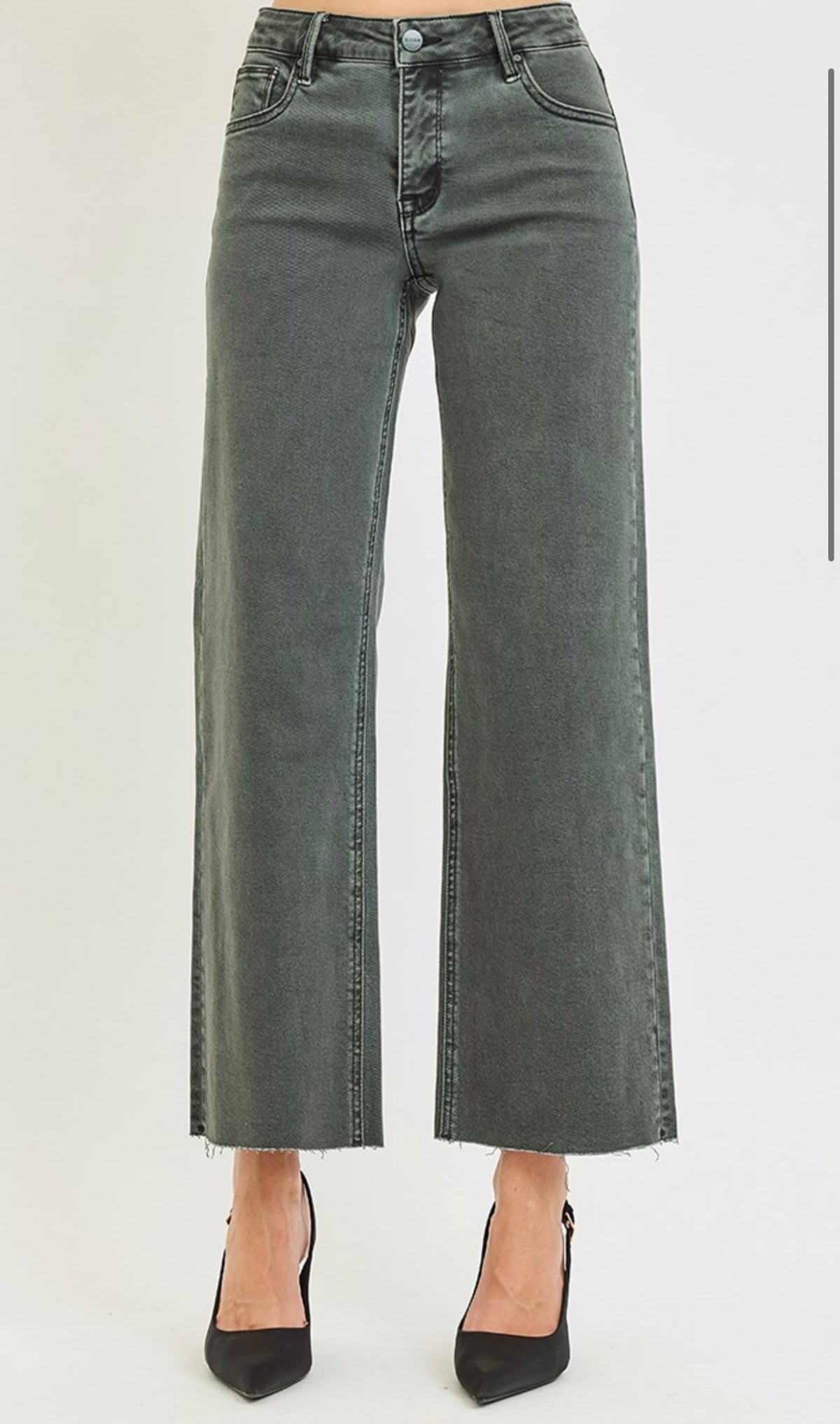 RISEN TUMMY CONTROL MID RISE ANKLE STRAIGHT RAW HEM PANTS-FORREST SHADOW