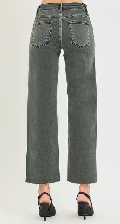RISEN TUMMY CONTROL MID RISE ANKLE STRAIGHT RAW HEM PANTS-FORREST SHADOW