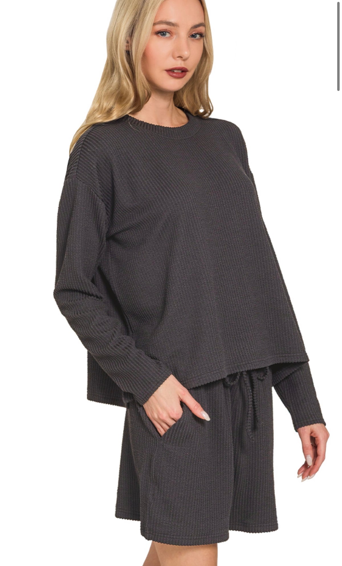 BLACK RAISED RIB LONG SLEEVE TEE & SHORTS SET
