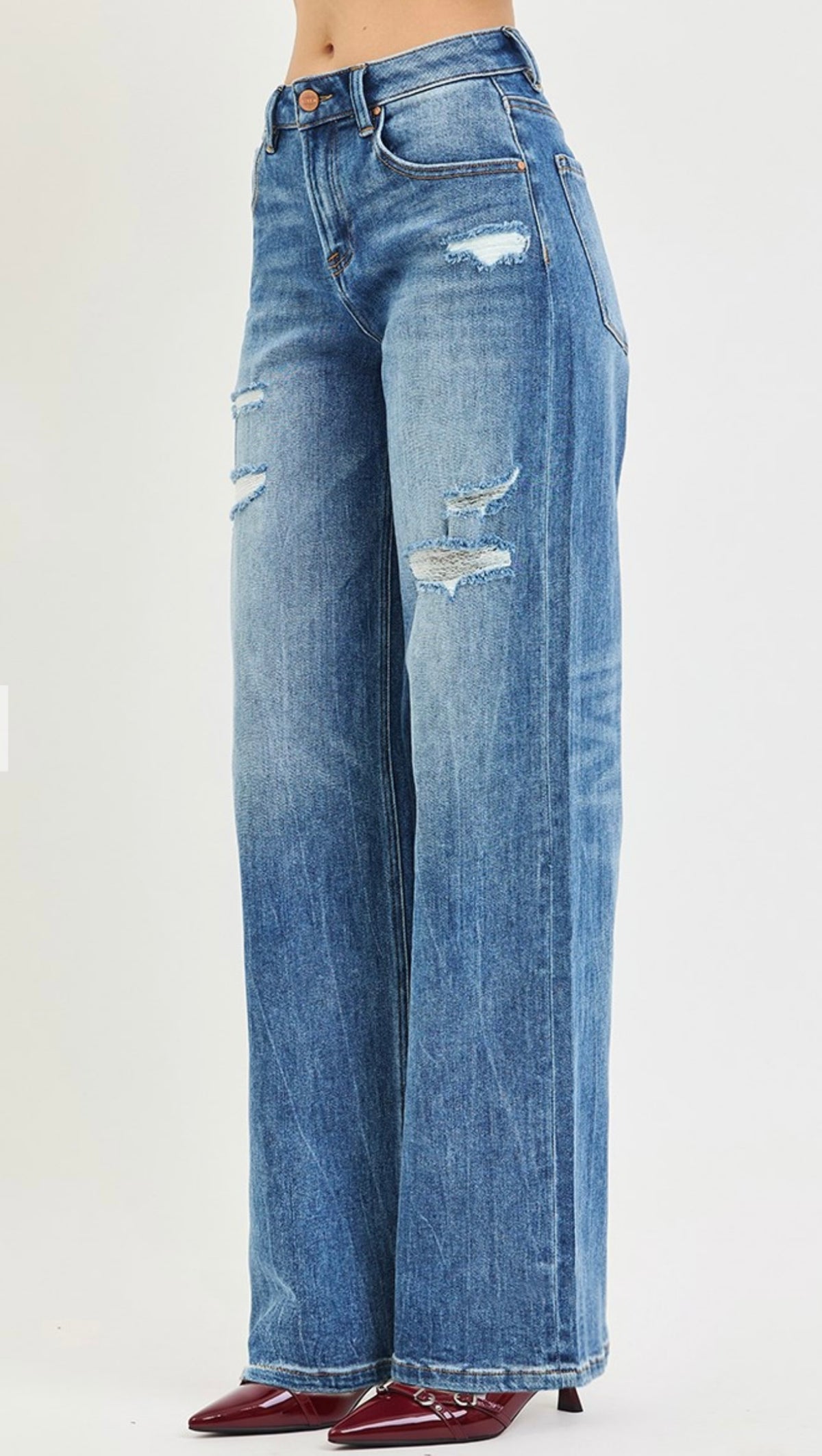 RISEN HIGH RISE WIDE JEANS WITH BODY DISTRESS