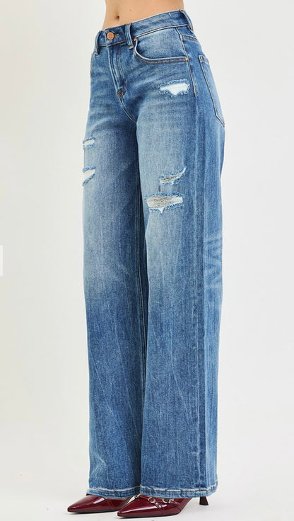 RISEN HIGH RISE WIDE JEANS WITH BODY DISTRESS