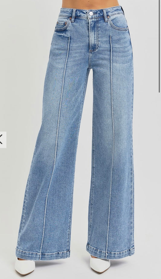 RISEN HIGH WAIST WIDE LEG PINTUCK DETAILED JEANS