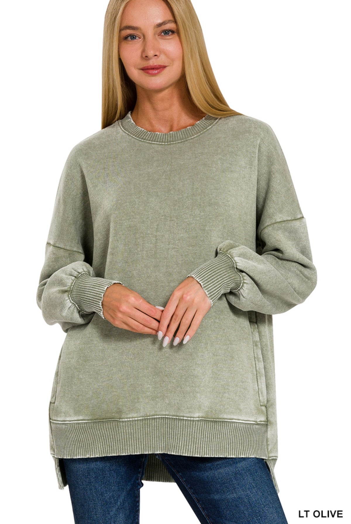 LT OLIVE ACID WASH FLEECE HILOW HEM PULLOVER