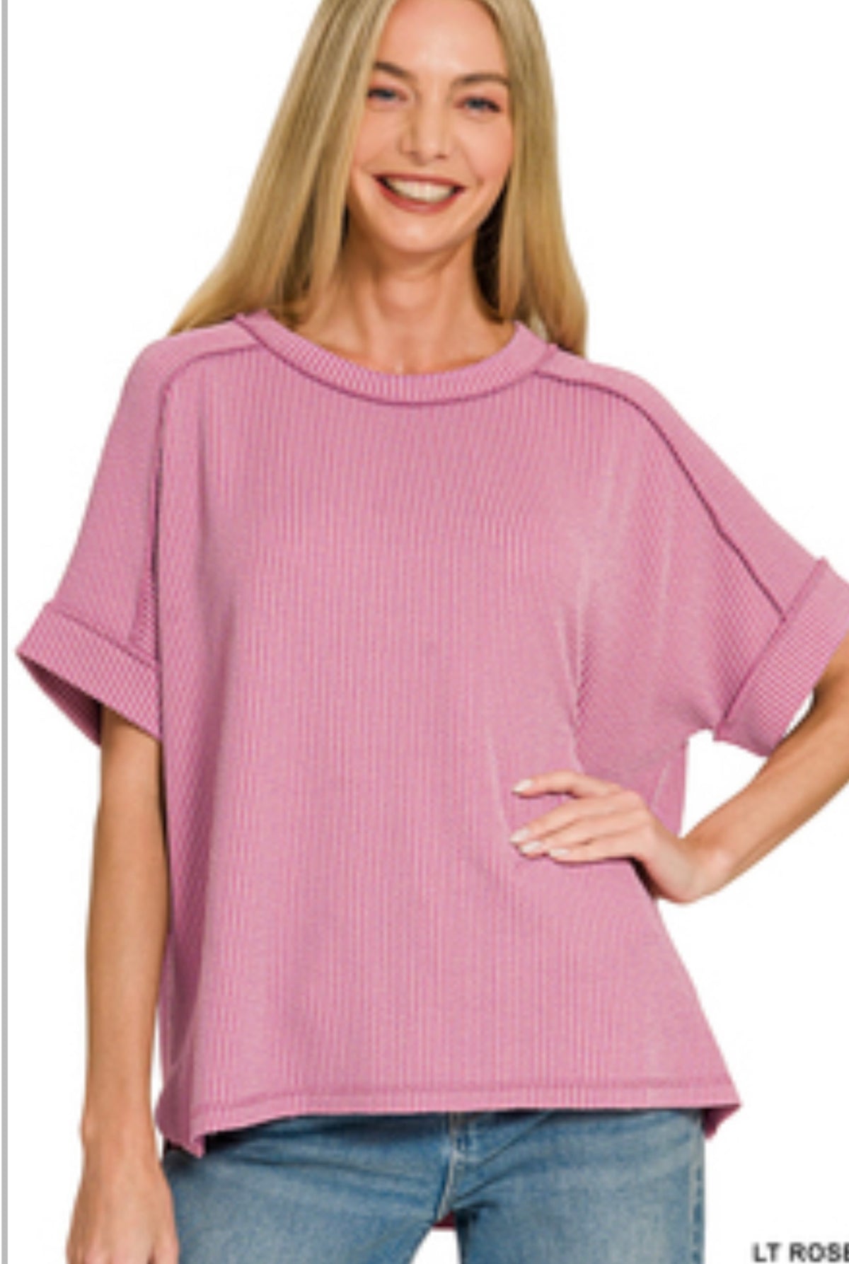LT ROSE RAISED RIB CUFF SLEEVE RAW EDGE TOP
