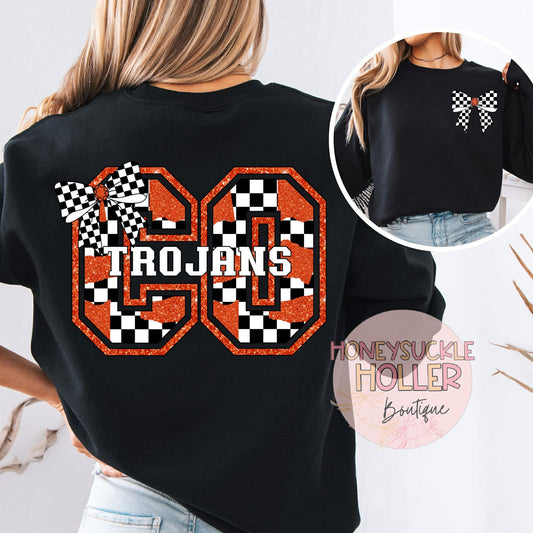Orange and Black Checkered Bow With Bow Front & Back Design Varsity Letters - CO Trojans