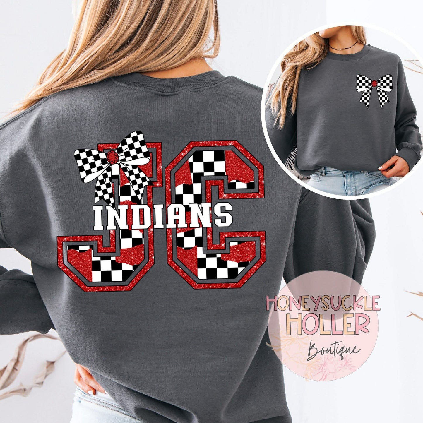 Black and Red Checkered Bow With Bow Front & Back Design Varsity Letter - JC Indians