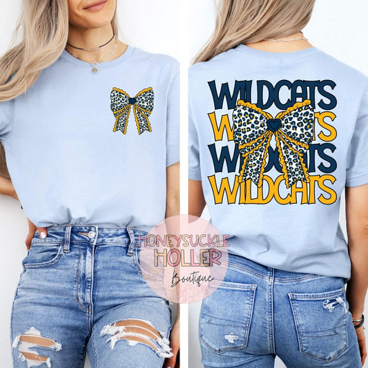 Blue and Gold Leopard Stacked With Bow Front & Back Design Wildcats