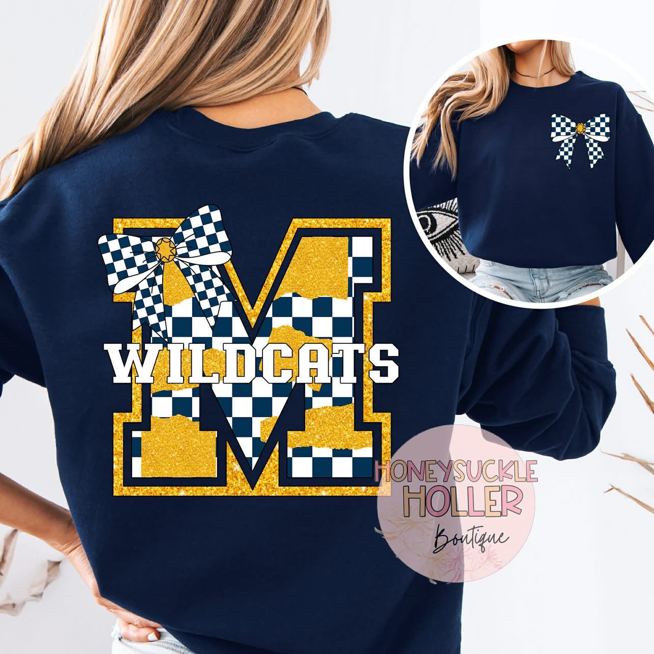 Blue and Gold Checkered Bow With Bow Front & Back Design Varsity Letter - M Wildcats