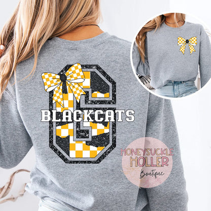 Yellow and Black Checkered Bow With Bow Front & Back Design Varsity Letter - G Blackcats
