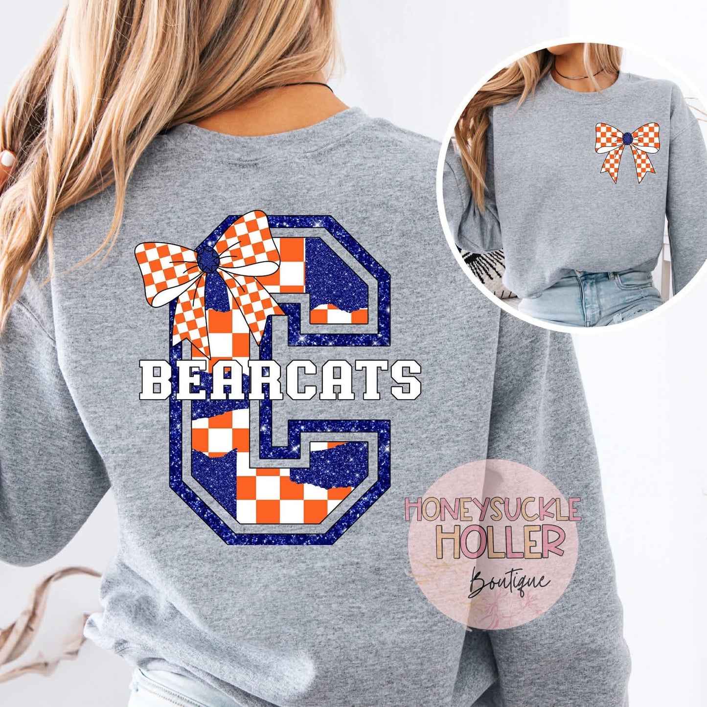 Orange and Blue Checkered Bow With Bow Front & Back Design Varsity Letter - C Bearcats