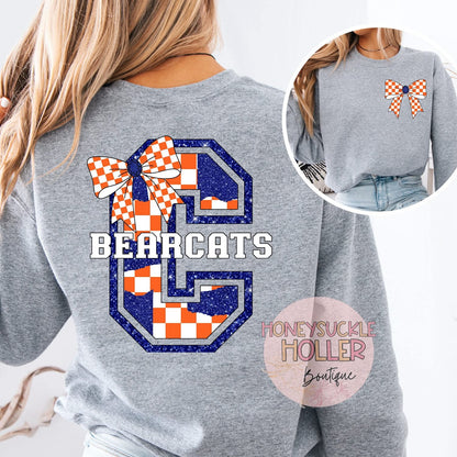 Orange and Blue Checkered Bow With Bow Front & Back Design Varsity Letter - C Bearcats