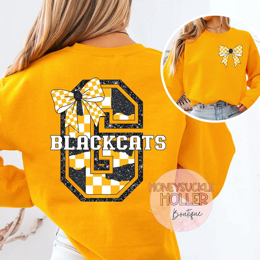 Yellow and Black Checkered Bow With Bow Front & Back Design Varsity Letter - G Blackcats
