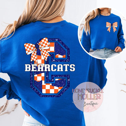 Orange and Blue Checkered Bow With Bow Front & Back Design Varsity Letter - C Bearcats