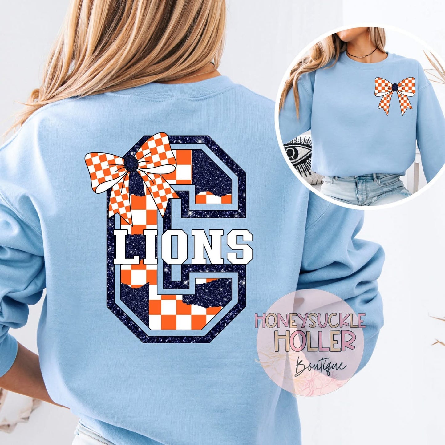 Blue and Orange Checkered Bow With Bow Front & Back Design Varsity Letter - C Lions