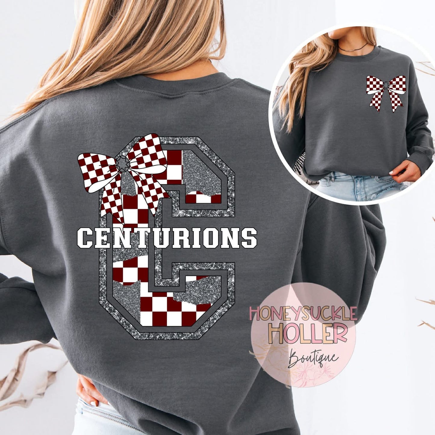 Maroon and Gray Checkered Bow With Bow Front & Back Design Varsity Letter - C Centurions