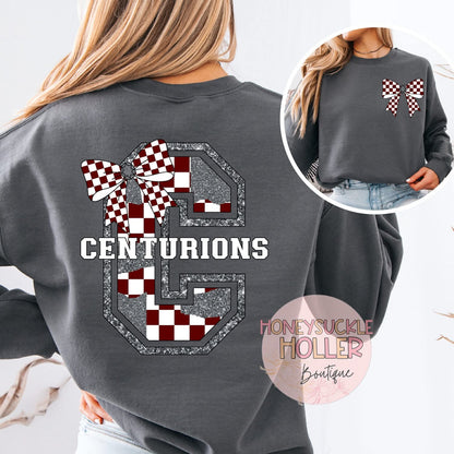 Maroon and Gray Checkered Bow With Bow Front & Back Design Varsity Letter - C Centurions