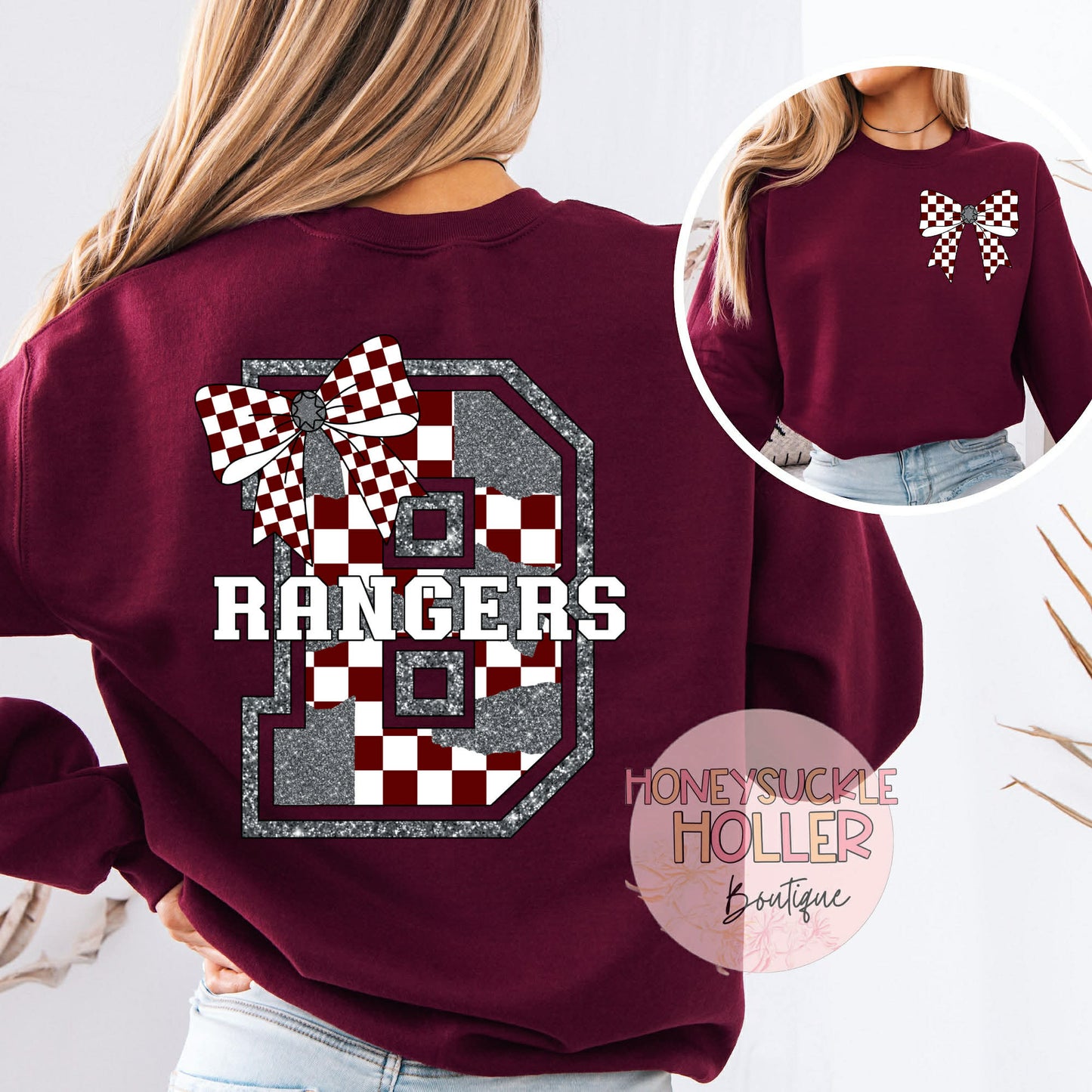 Maroon and Gray Checkered Bow With Bow Front & Back Design Varsity Letter - B Rangers
