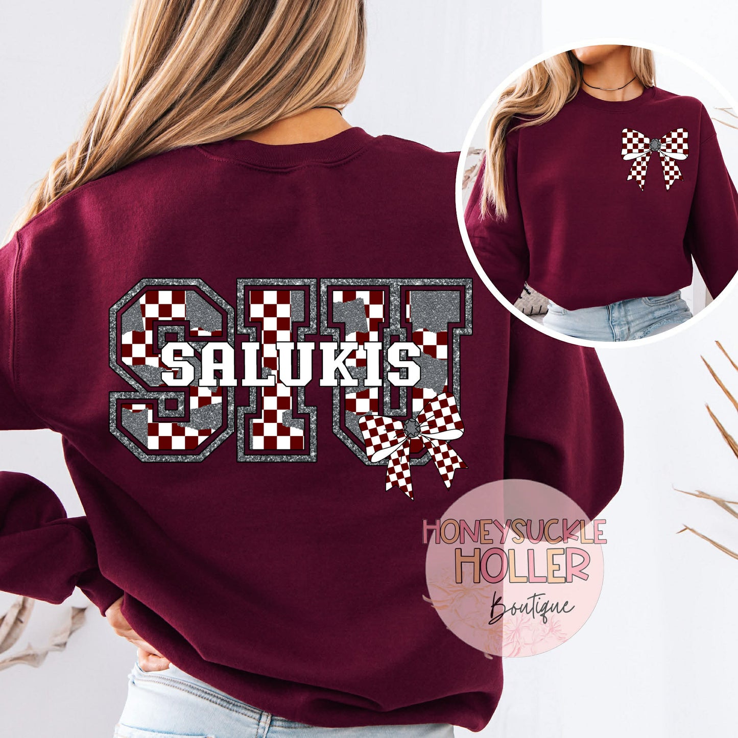 Maroon and Gray Checkered Bow With Bow Front & Back Design Varsity Letter - SIU Salukis