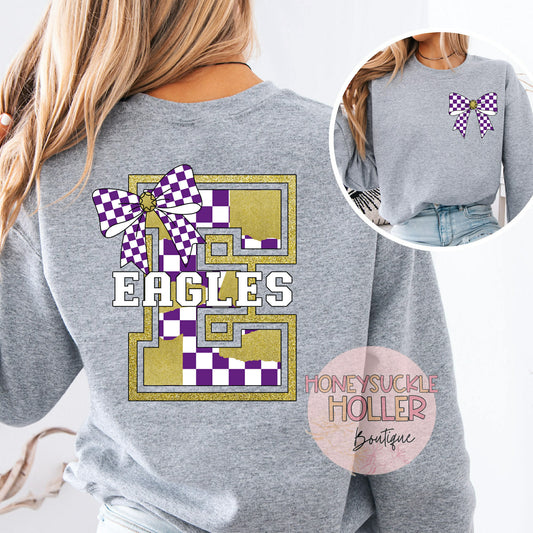 Purple and Gold Checkered Bow With Bow Front & Back Design Varsity Letter - E Eagles
