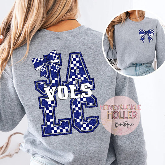 Blue and White Checkered Bow With Bow Front & Back Design Varsity Letter - JALC VOLS