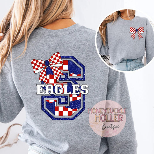 Red and Blue Checkered Bow With Bow Front & Back Design Varsity Letter - S Eagles