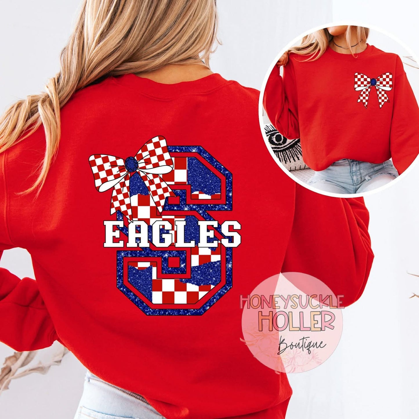 Red and Blue Checkered Bow With Bow Front & Back Design Varsity Letter - S Eagles