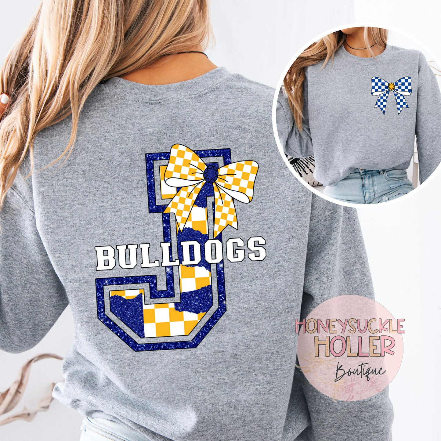 Blue and Yellow Checkered Bow With Bow Front & Back Design Varsity Letter - J - Bulldogs