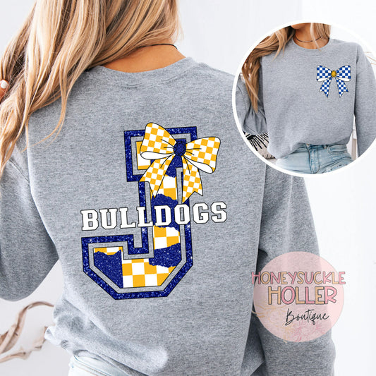 Blue and Yellow Checkered Bow With Bow Front & Back Design Varsity Letter - J - Bulldogs