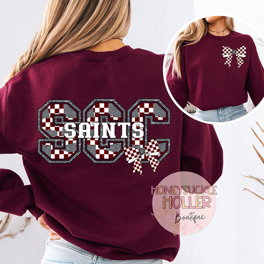 Maroon and Gray Checkered Bow With Bow Front & Back Design Varsity Letter - SCC - Saints
