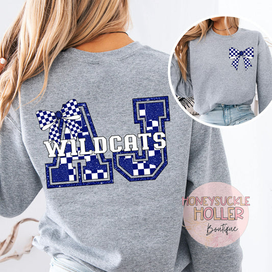 Blue and White Checkered Bow With Bow Front & Back Design Varsity Letter - AJ- Wildcats
