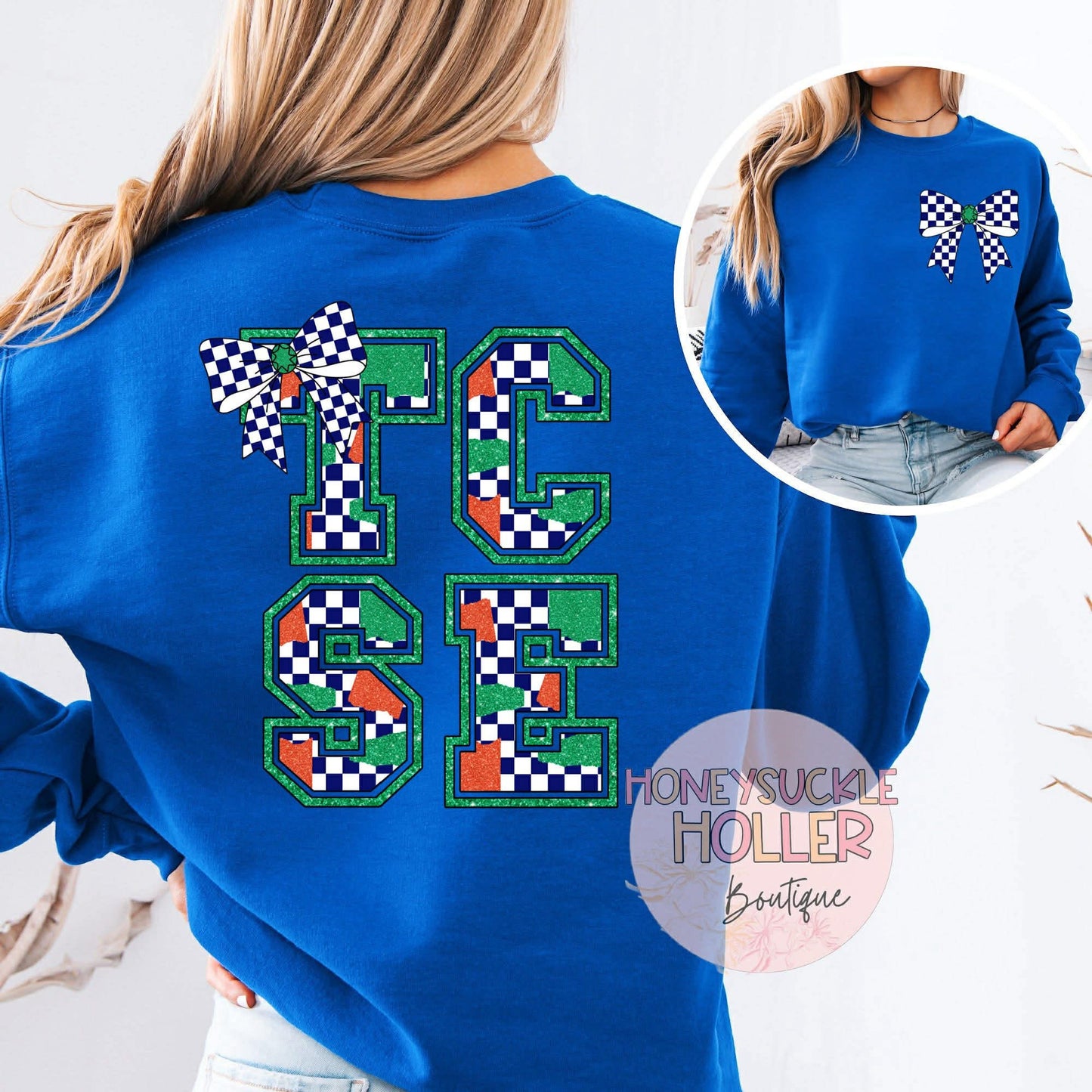 Blue, Orange, and Green Checkered Bow With Bow Front & Back Design Varsity Letter - TCSE