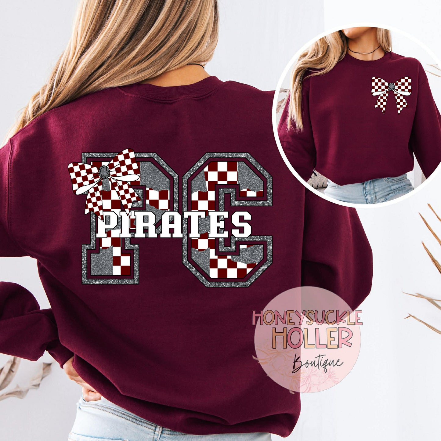 Maroon and Gray Checkered Bow With Bow Front & Back Design Varsity Letter - PC - Pirates