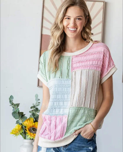 Color Block Textured Patchwork Short Sleeve Top