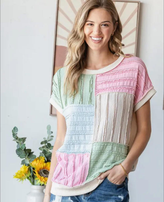 Color Block Textured Patchwork Short Sleeve Top