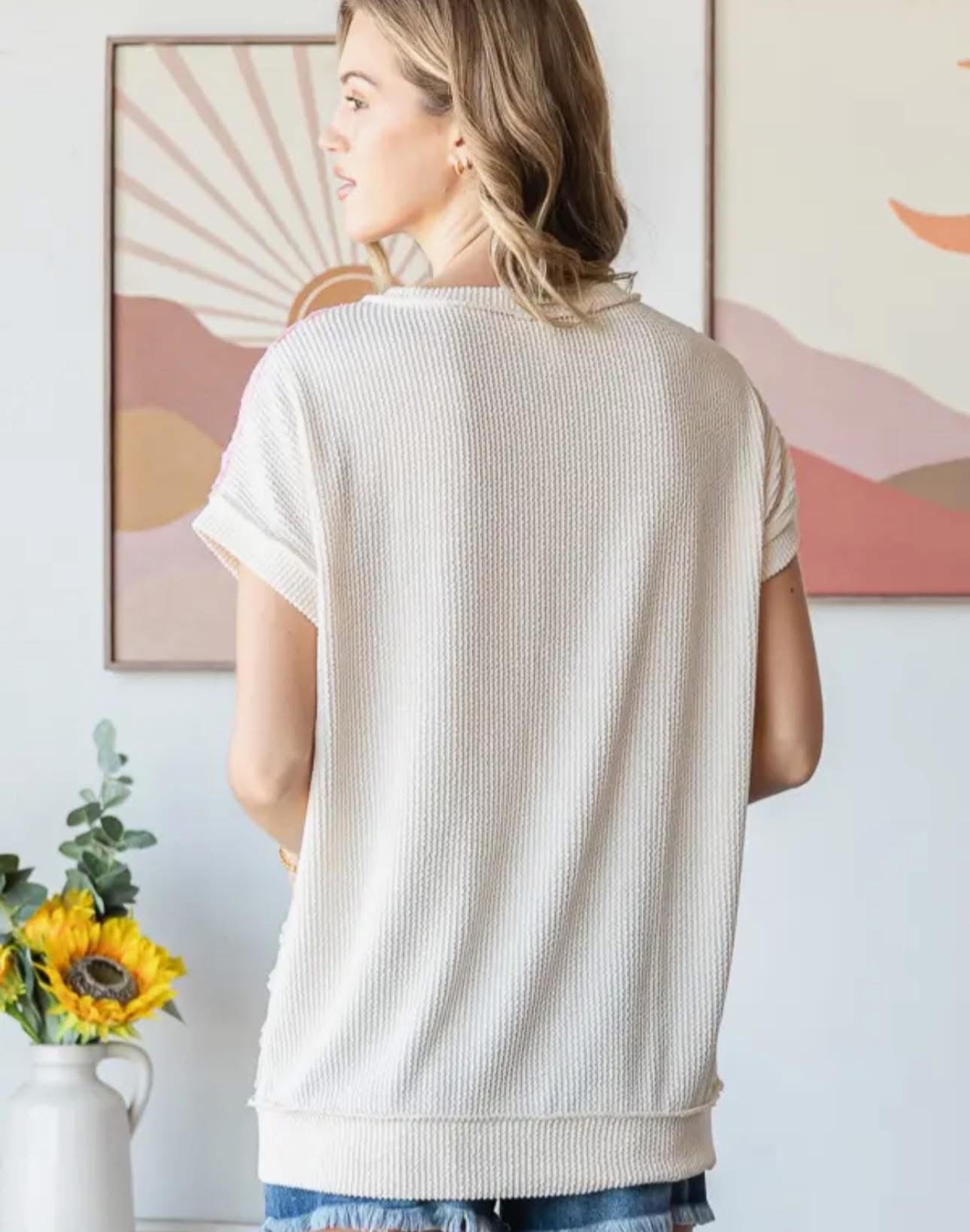 Color Block Textured Patchwork Short Sleeve Top