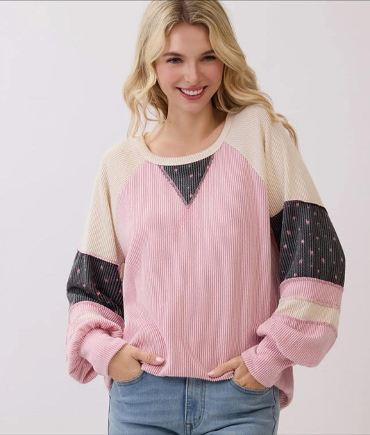 Rib Color Block Raglan Sleeves Pullover Top