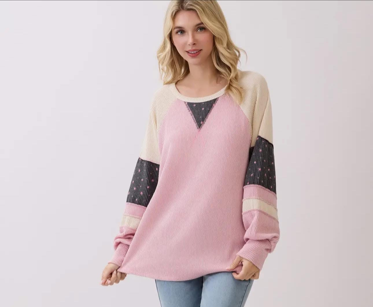 Rib Color Block Raglan Sleeves Pullover Top