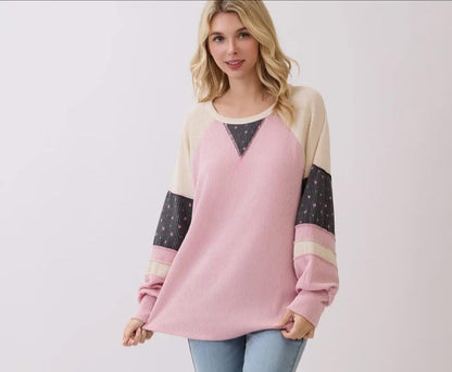 Rib Color Block Raglan Sleeves Pullover Top