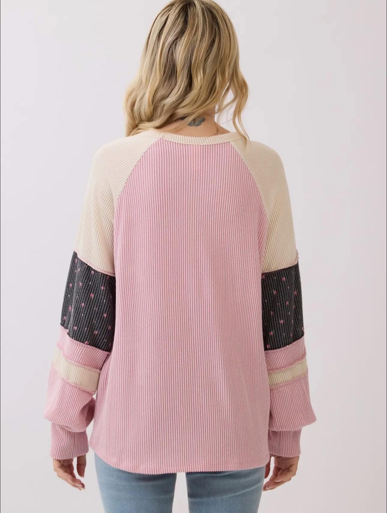 Rib Color Block Raglan Sleeves Pullover Top
