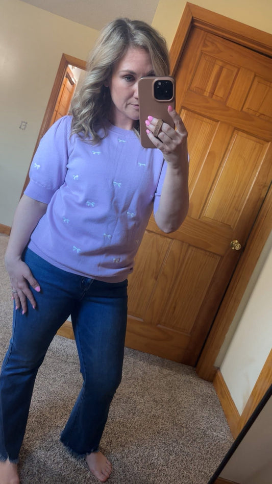 Purple Puff Sleeve Short Sleeve Sweater with Bows