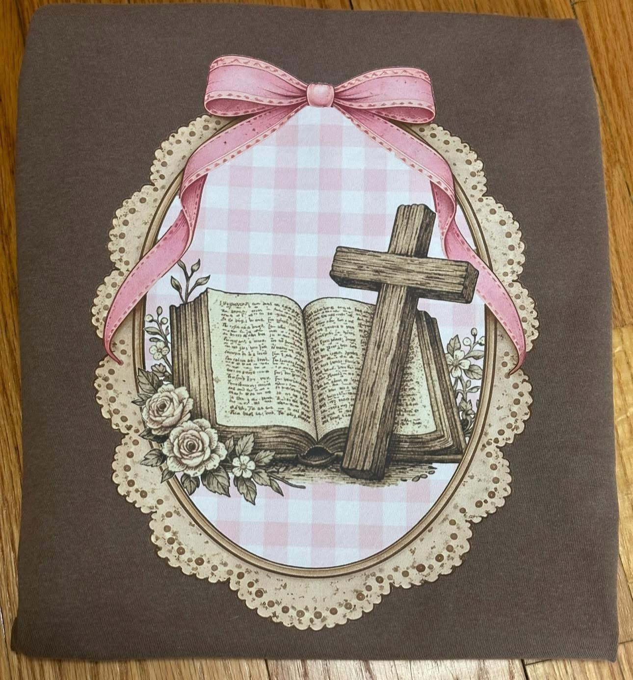 Open Bible and Cross in Lace Frame with Bow - Brown CC Tee