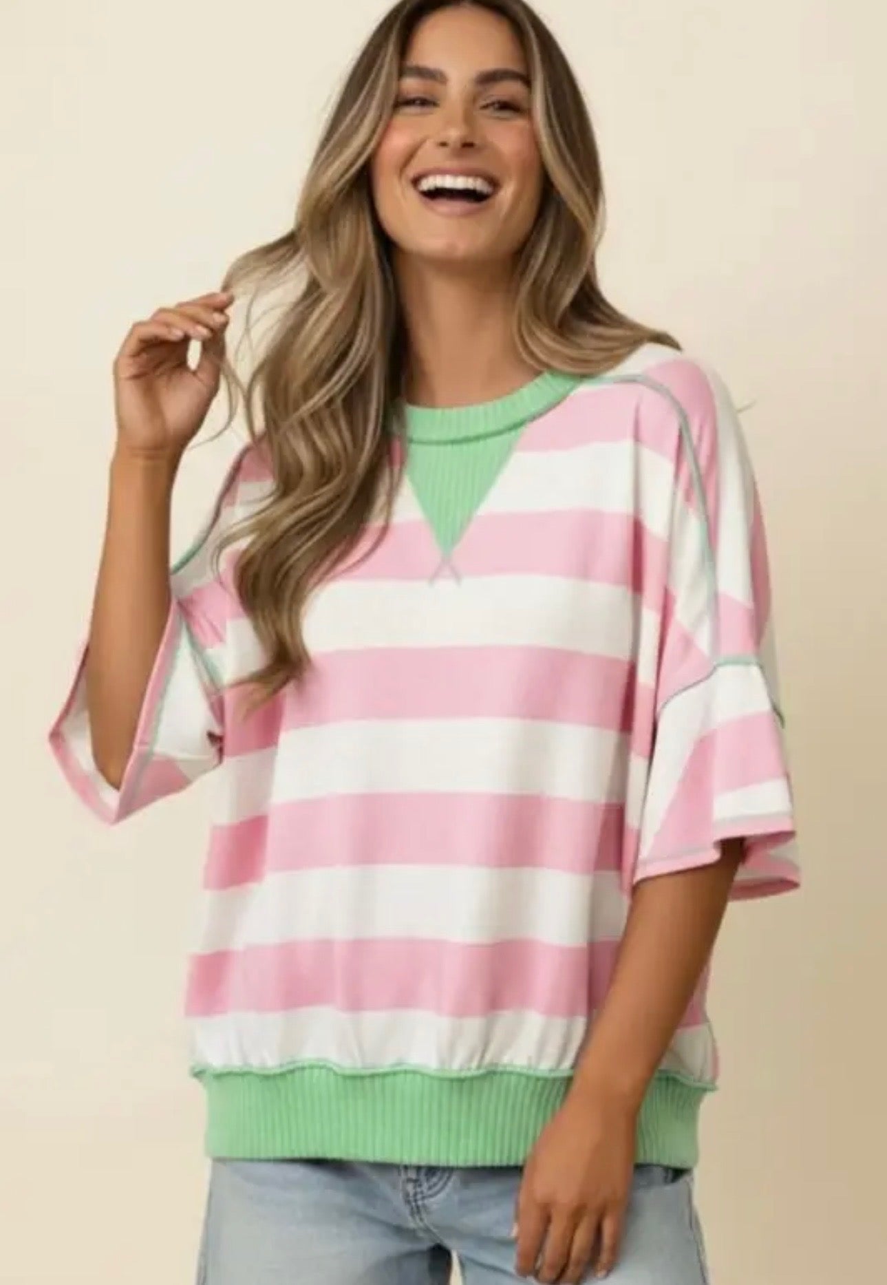 Flutter Elbow Sleeve Stripe French Terry Top - Pink/Green