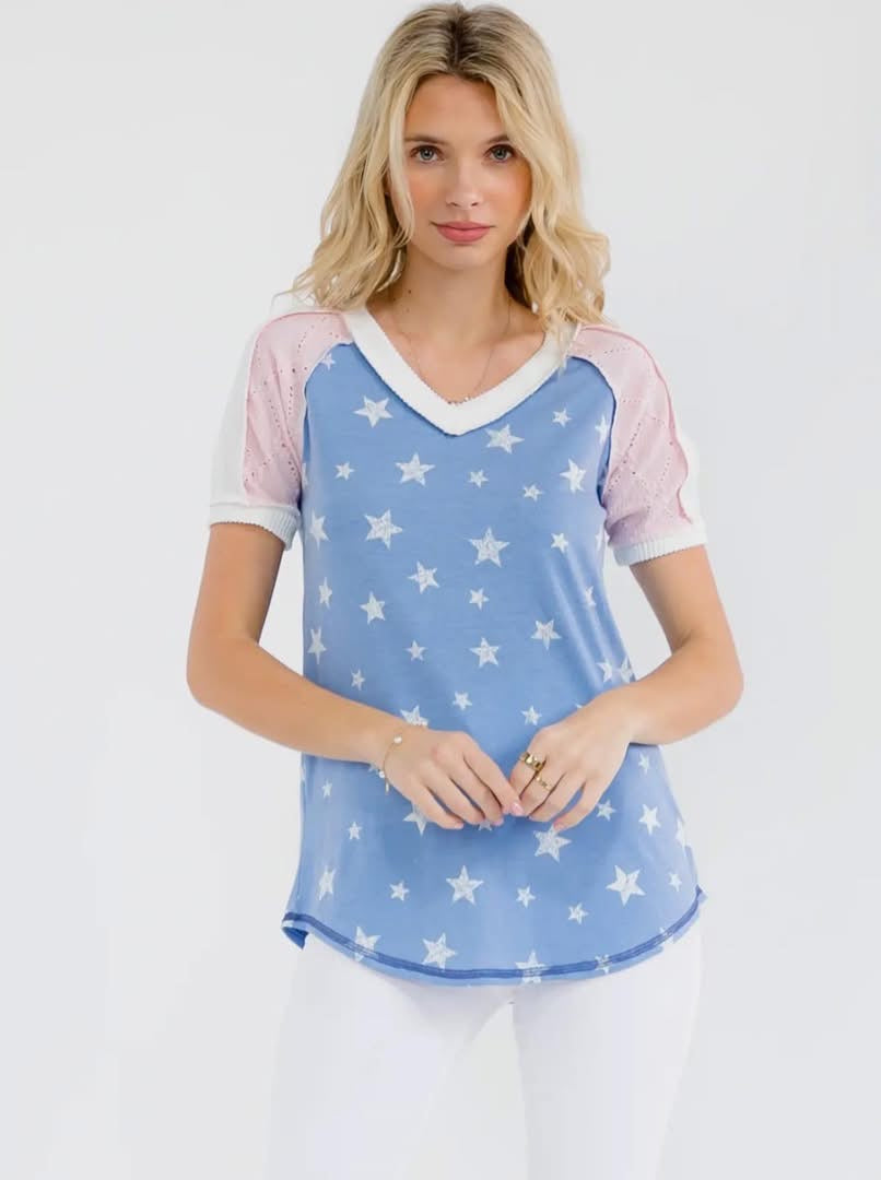 Star Print Color Block V Neck Knit Top - Blue