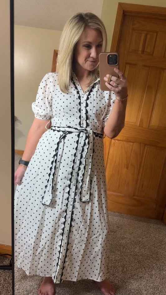 Amelia Lane Dress - White with Black polkadots