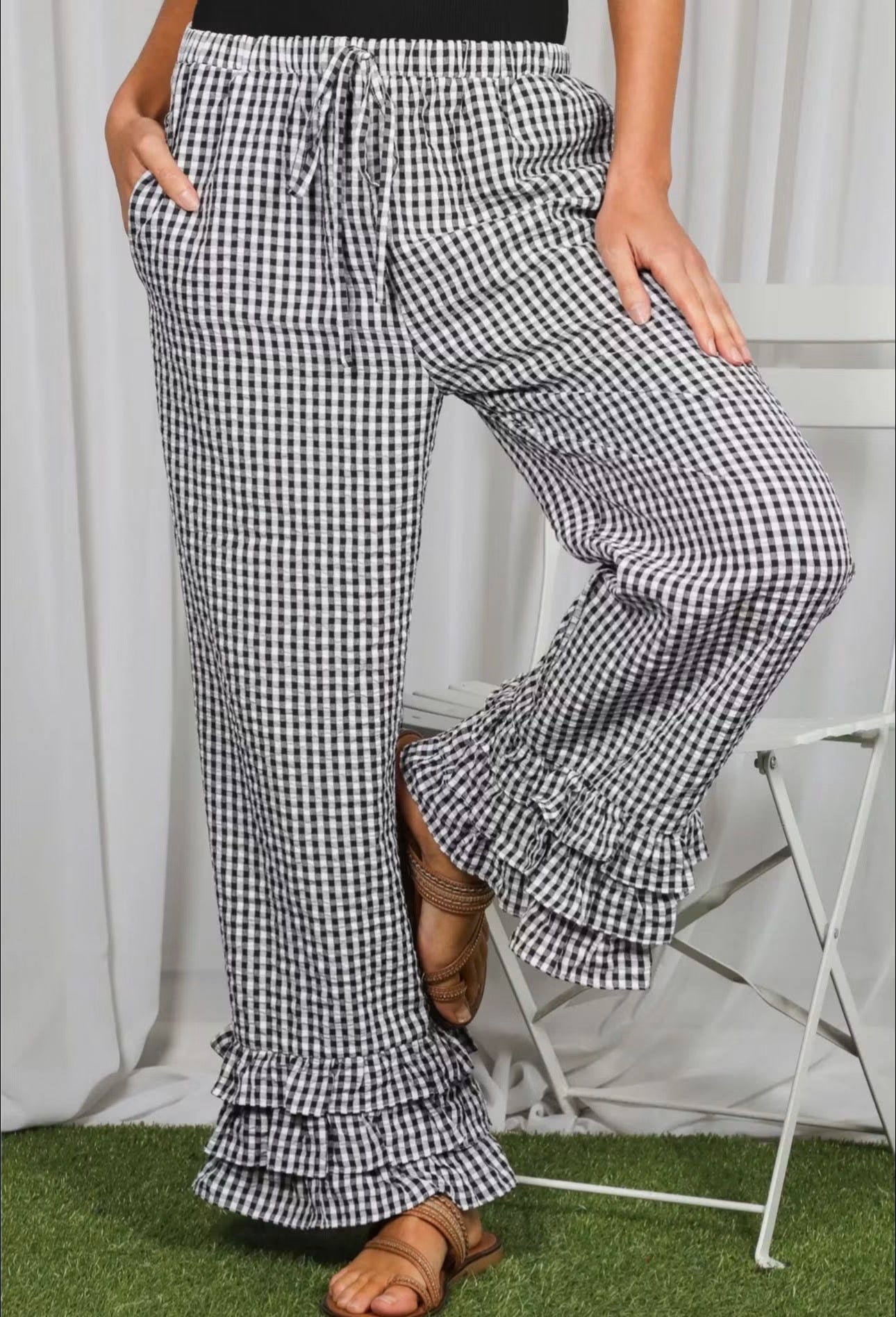 Gingham Layered Ruffle Hem Cropped Pants
