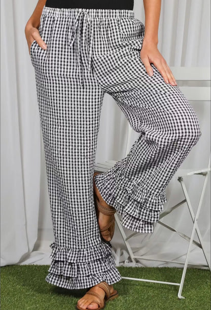 Gingham Layered Ruffle Hem Cropped Pants