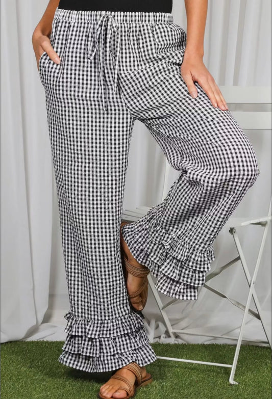 Gingham Layered Ruffle Hem Cropped Pants