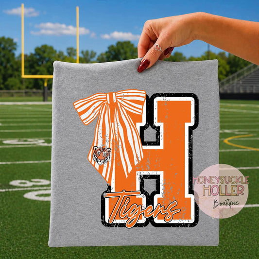 Distressed Varsity Letter With Bow - H - Tigers