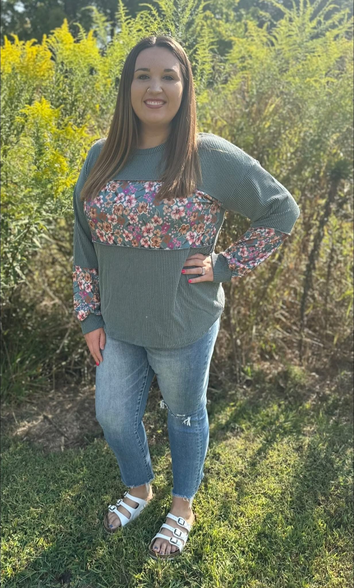 Sage Blossom Colorblock Top